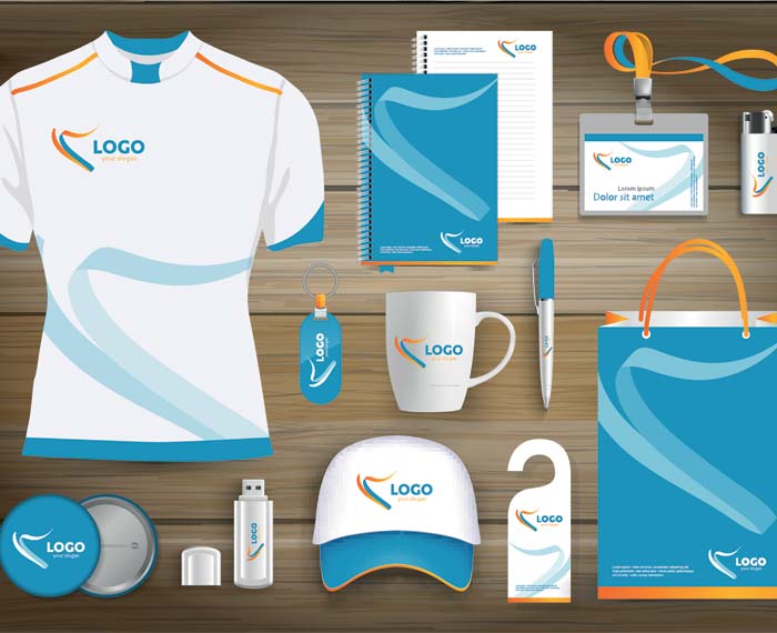 Multiple promotional items from shirts to mugs to pens, with custom branding.