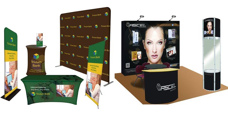 Several tradeshow elements - desk, tables, posters, placards, backdrops, booths.